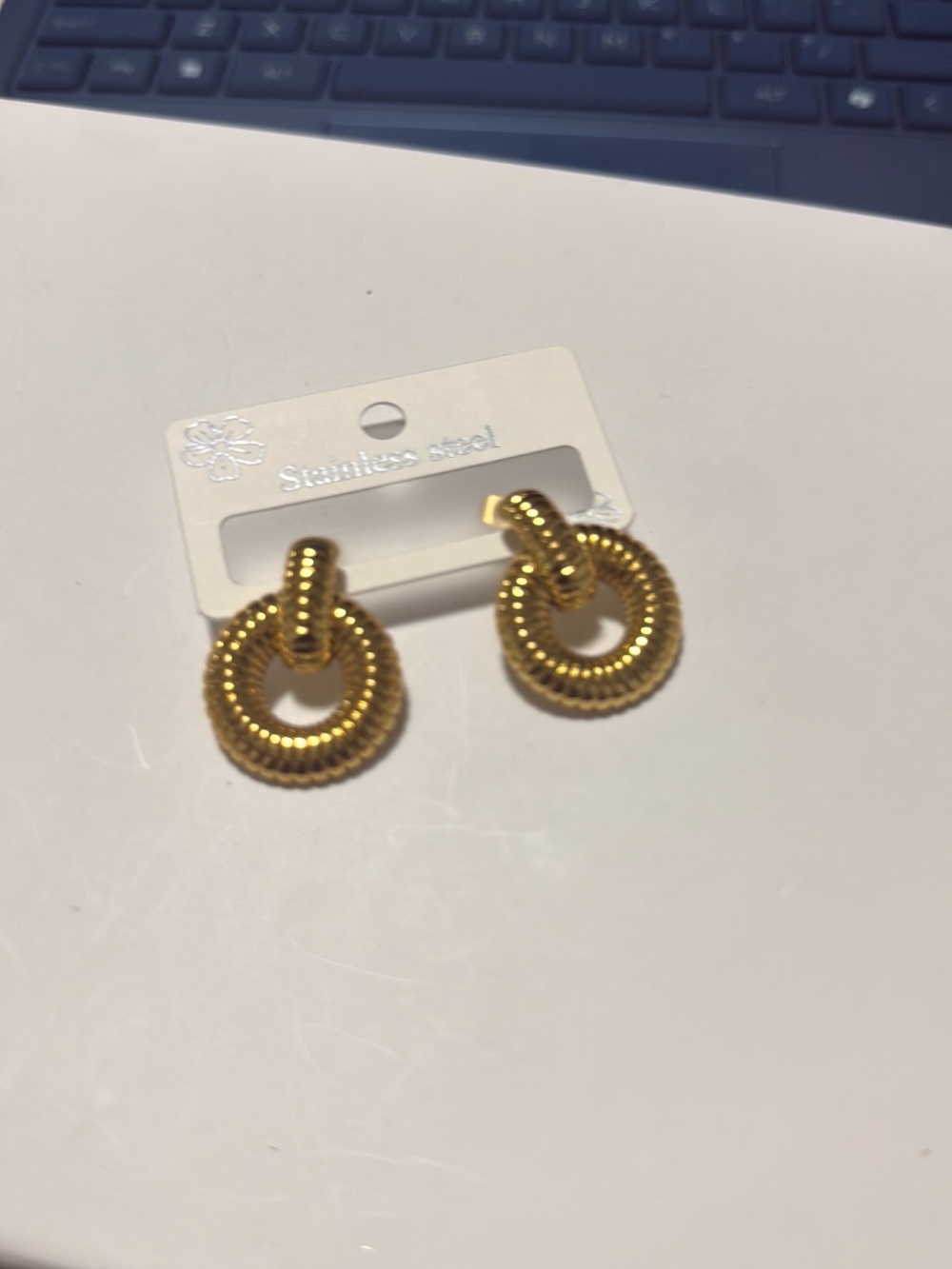 Gold-Tone Textured Hoop Drop Earrings - Stainless Steel
